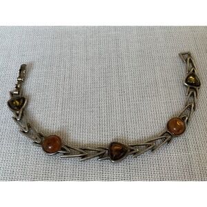 Vintage 925 Sterling Silver Multi Color Baltic Amber Cabachons Bracelet